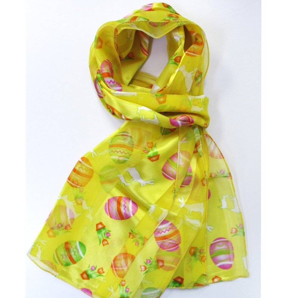 Womens Long Silk Feel Scarf Yellow Easter Bunny Egg Tulips Happy Easter NEW